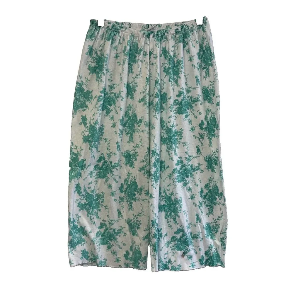 Women Floral Lounge Pajama Pants L Green White Elastic Waist Cotton Blend